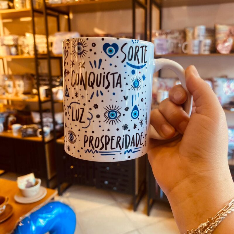 Caneca Porcelana Olho grego Saúde,Amor,Sorte,Conquista...
