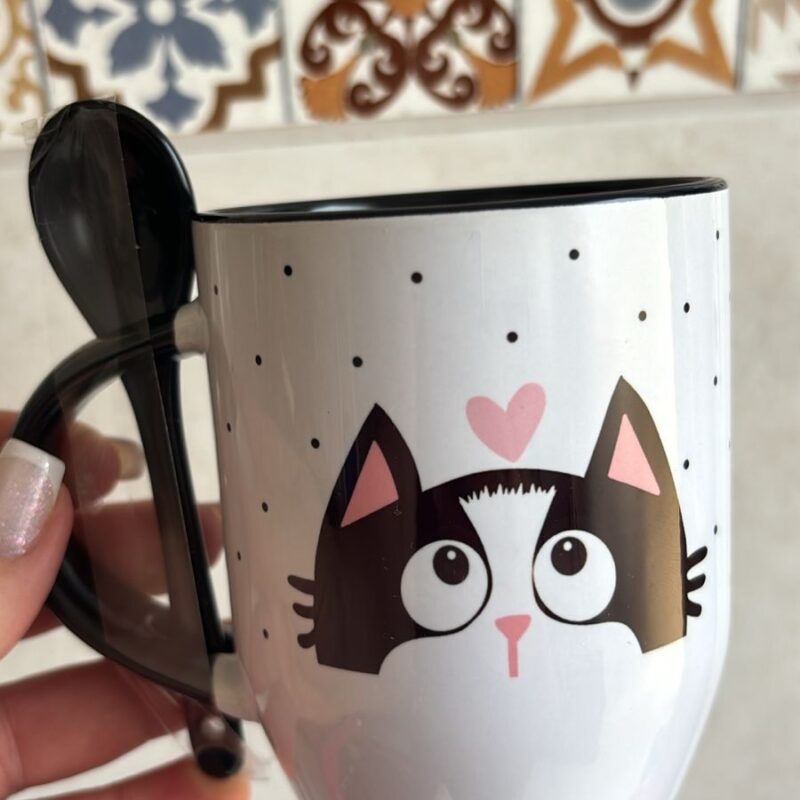 Caneca com Colher: Gato Frajola Poá