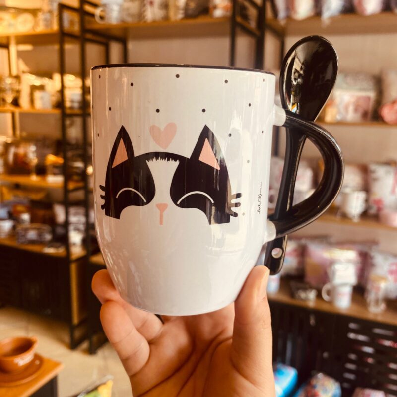 Caneca Porcelana com Colher Gato Frajola Poá