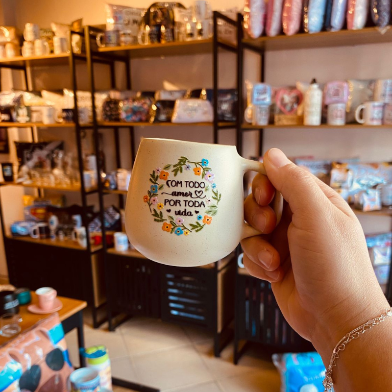 Mini Caneca de Cerâmica: Com todo amor por toda vida !