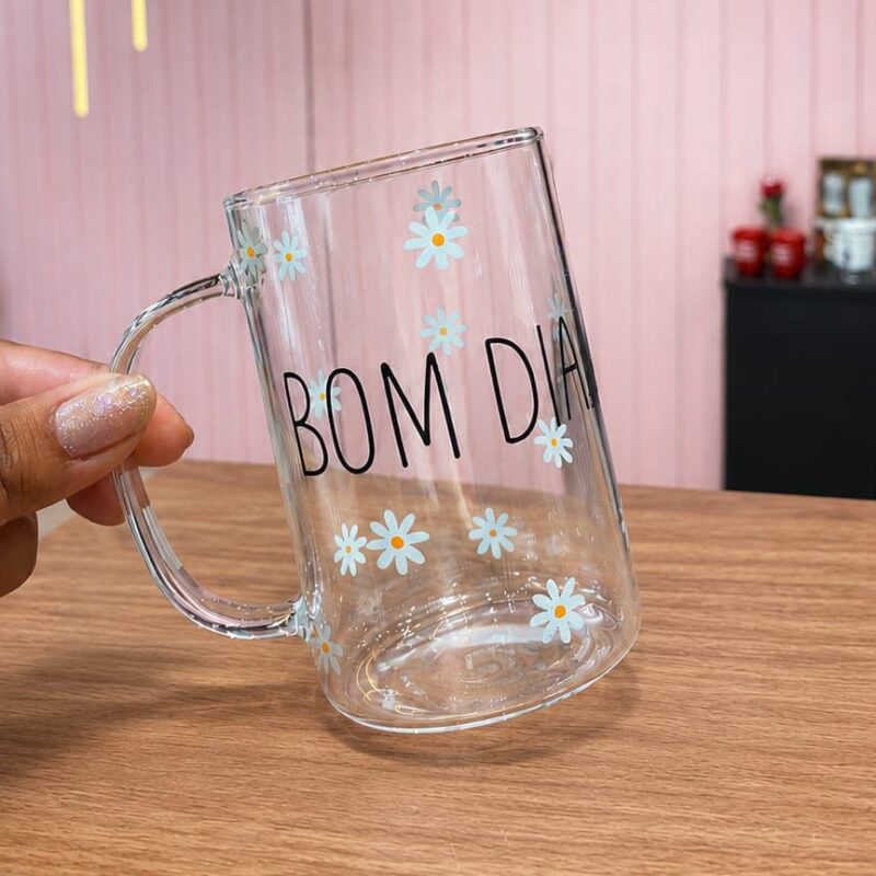Caneca de Vidro Borossilicato Bom dia -Margaridas